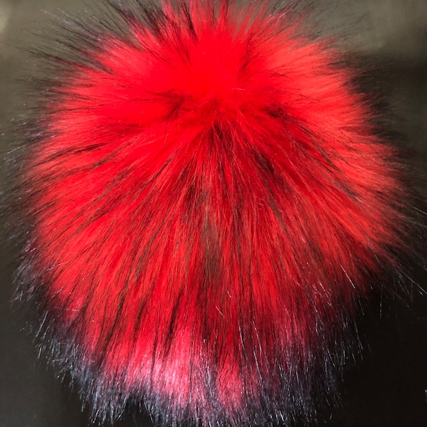 Ember Faux Fur Pom Pom / Bright Red Black Fur Pompoms / Hat Bobble