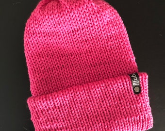 Hot Pink Handmade Double Knit Foldover Brim Beanie / Neon Knitted Hat