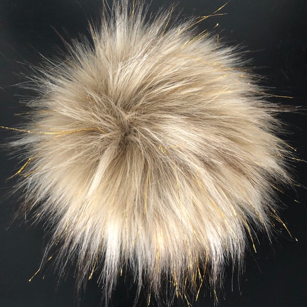 Sparkle Wolf Faux Fur Pom Pom / Brown Beige Gold Tinsel Fur Pompom / Sparkling Hat Pom