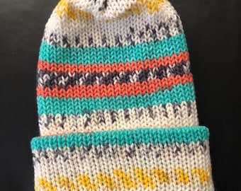 Patterned Handmade Double Knit Foldover Brim Beanie / multicolored Knitted Hat / White Yellow Coral Teal