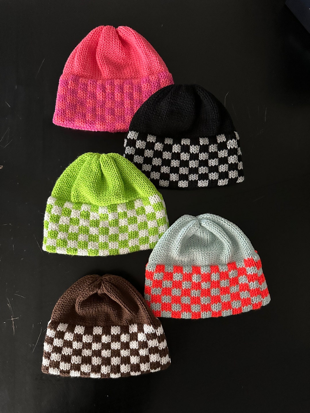 Checkered Hand Knit Double Brim Beanie / Checkerboard Knitted Etsy
