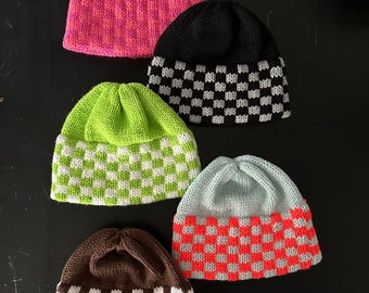 Checkered Hand Knit Double Brim Beanie / Checkerboard Knitted Hat / Colorful Squares Winter Hat