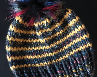 Multicolored Stripe Knit Hat / Mustard Black Hand Knitted Beanie / Wool Toque