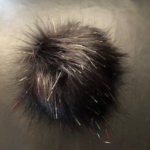 Sparkle Black Faux Fur Pom Pom / Black Gold Silver Red Fur Pompoms / Hat Topper