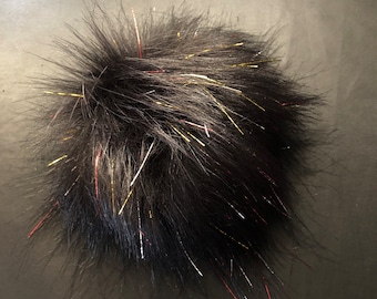 Sparkle Black Faux Fur Pom Pom / Black Gold Silver Red Fur Pompoms / Hat Topper