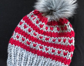 Red and Gray Knit Beanie / Hearts and Stripes Hat / Hand Knitted Wool Acrylic Blend Winter Toque
