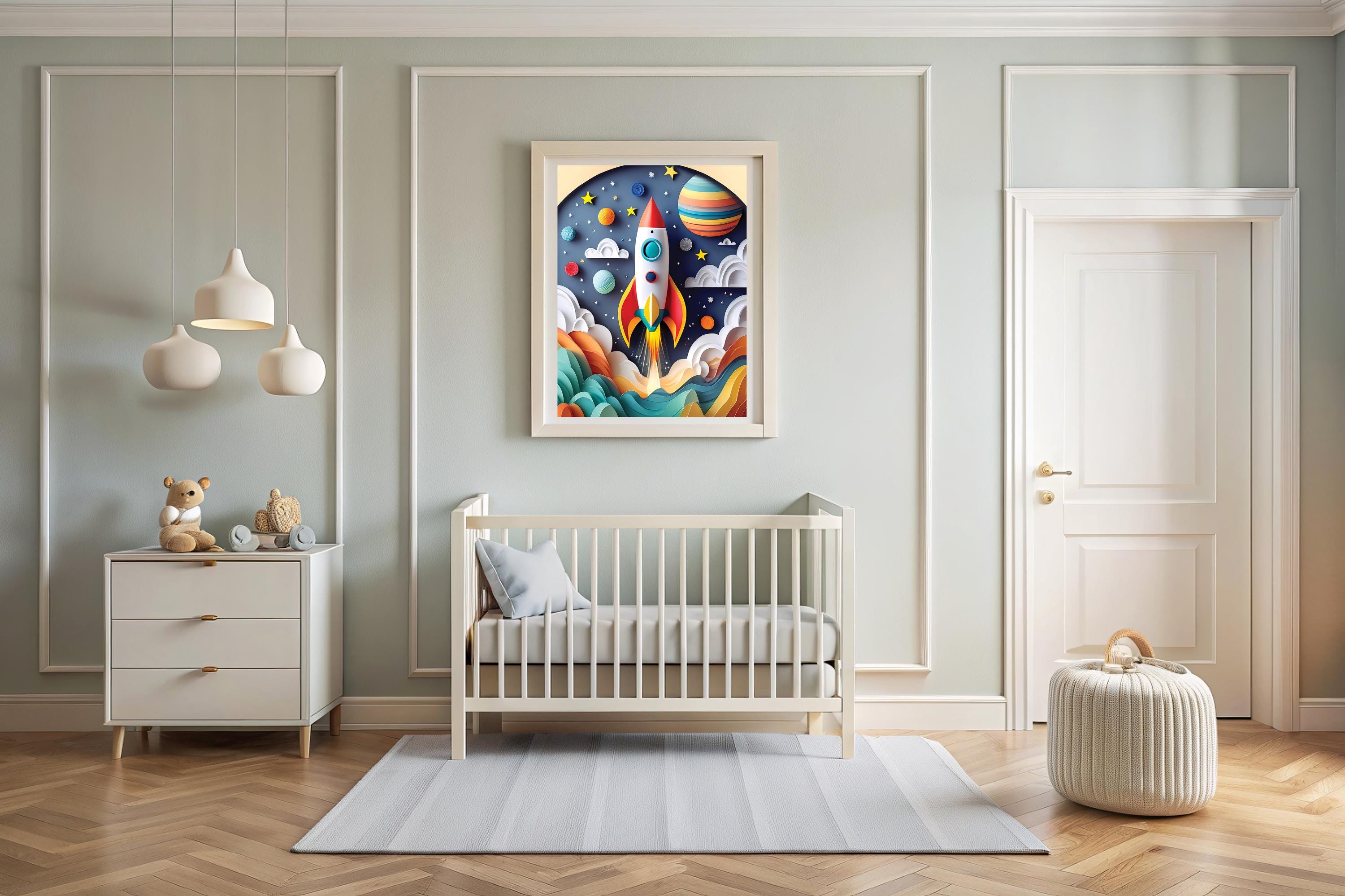 Rocket Ship Wall Art for Kids Room, Space Nursery Print, Colorful ...