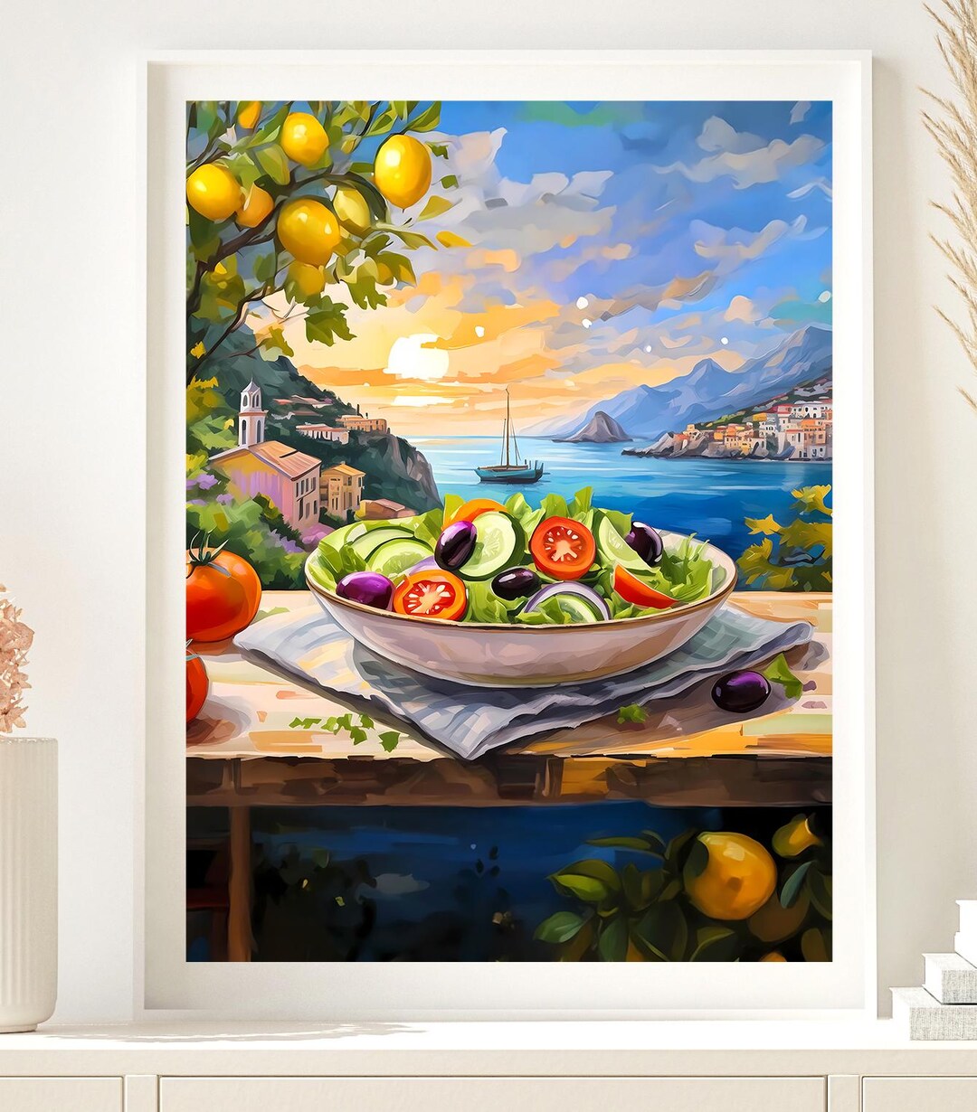 set of three mediterranean kitchen prints | framed... Mediterranean Salad Print: Italy Amalfi Coast Kitchen Art - Etsy