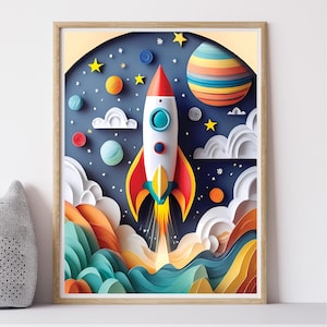 Rocket Ship Wall Art for Kids Room, Space Nursery Print, Colorful astronaut Illustration, Outer Space Decor, Playroom poster (no frame)