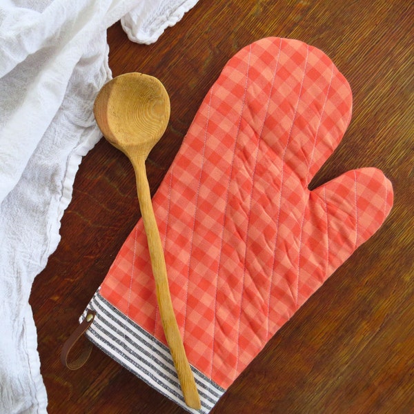 Bright Coral Potholder - Gingham Baking Accessory - Cute Kitchen Essential - Pot Grabber - Baking Kitchen Glove - Housewarming Gift Idea