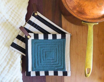 Small Potholder Set - 2 pack - Matching Quilted Hot Pad Gift Idea for Housewarming Mother's Day Gift Pot Holder Mug Rug Coaster: Teal Stripe