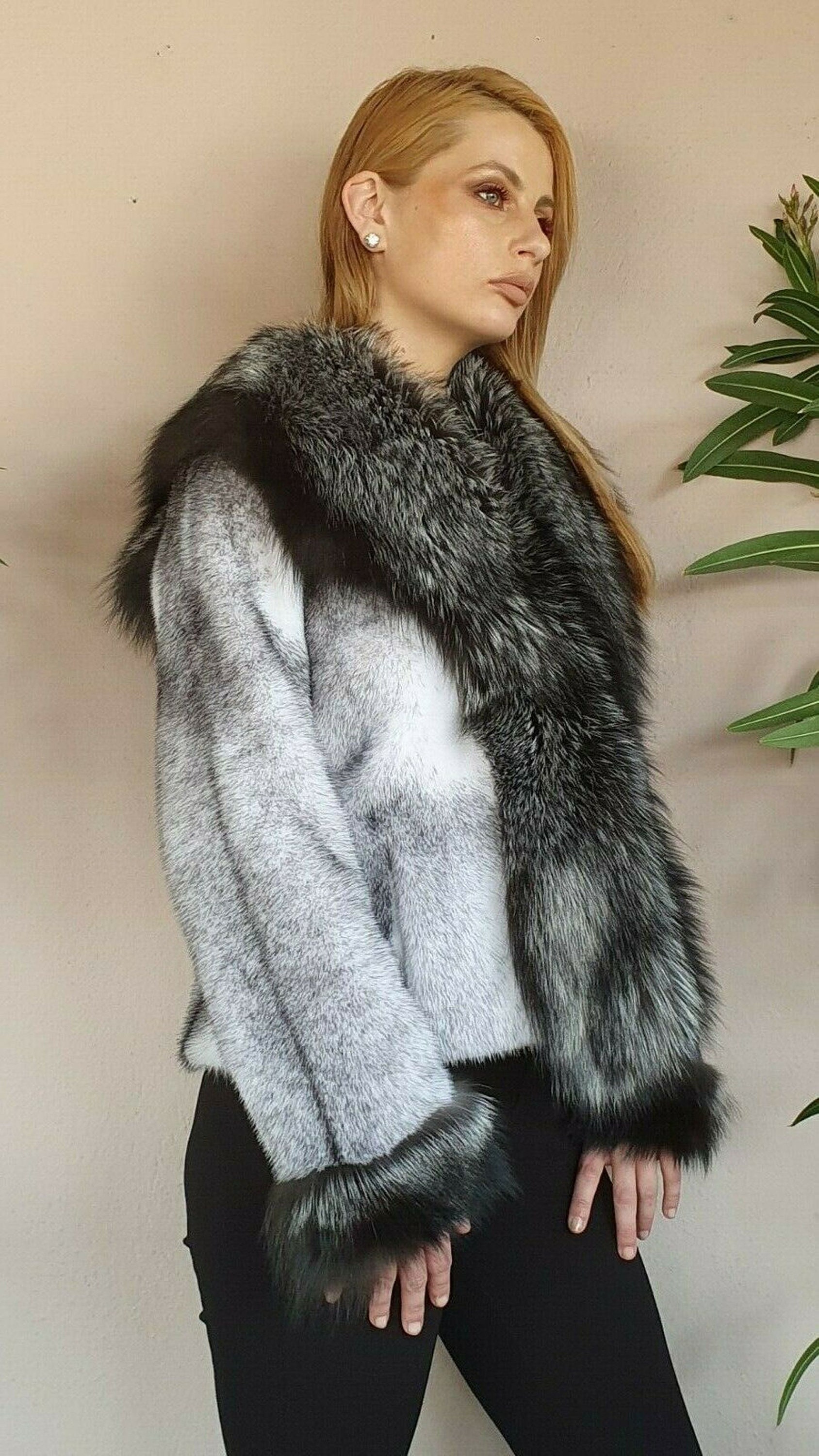 Real New Mink Fur Coat Jacket Black White With Fox Mexa - Etsy