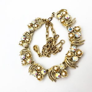 Classic Coro Fringe Choker, AB Strass Steentjes Faux Pearls Gold Tone L9