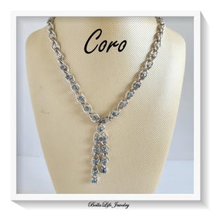 Coro Lariet or Dangle Necklace, Aqua Blue Rhinestones, Silver Tone Setting