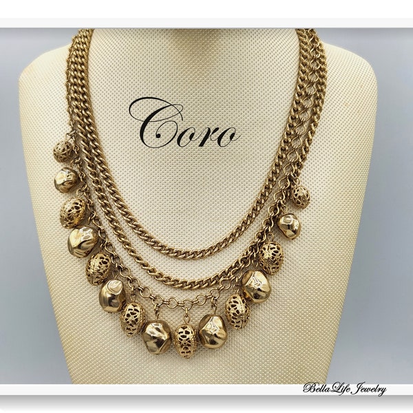 Coro 3 Gold Chain Necklace with Gold Tone Big Bead Accents