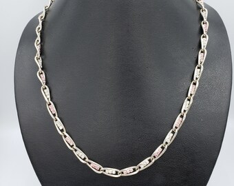 Vintage Silver Tone Link Chain Necklace, Pink Rhinestones (22 inch)