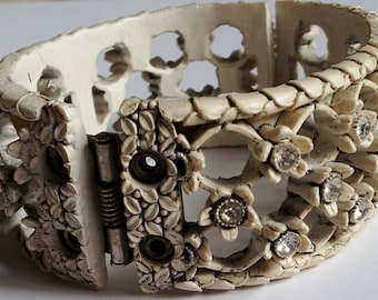 Vintage Clamper Big Bangle Style, Carved White Flowers, Rhinestones, Unusual Hinged Bracelet!