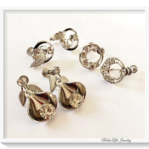 3 Pairs Vintage Earrings Lot,  Small Clear Rhinestones Leaves Circles