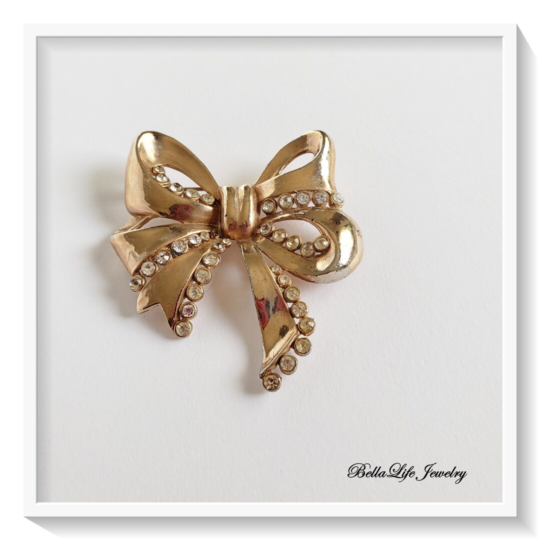 Big Ribbon Bow Design Gold Tone Rhinestone Brooch Pin - Etsy