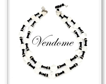 Vendome Frosted Glass Beads, 2 Strand Necklace, Black and Rhinestone Accents L8