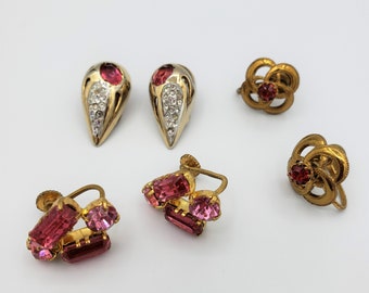 3 Pairs All Signed Earrings Lot,  Pink Rhinestones, Screwbacks