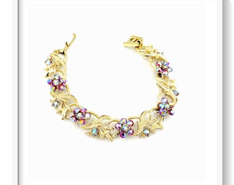 Red AB Rhinestone Flower Bracelet, Gold Tone Setting ~ L333