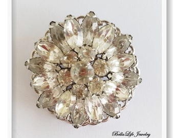 Huge Multi Layer Rhinestone Flower Vintage Brooch