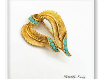 Sphinx Brooch, Gold Tone with Turquoise Blue Beads, Leaf Design L12
