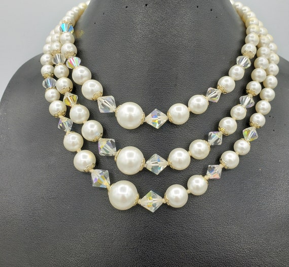 Pearl Necklace Cream White Faux Pearls Graduated Statement Glam Crystal Accents