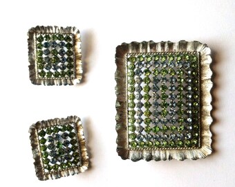Lisner Brooch and Earrings, Pale Green and Blue Rhinestones, Silver Tone, Rectangle Shape