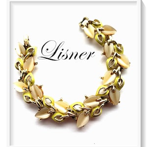 Lisner Bracelet, Green Enamel Leaves, White Thermoset Plastic Leaves, Gold Tone