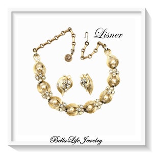 Lisner Necklace Earring Demi Set, Faux Pearls, Rhinestones, Gold Tone Settings ~ L333
