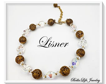 Lisner Gold Filigree Balls, Brilliant AB Crystals, Choker Necklace L8