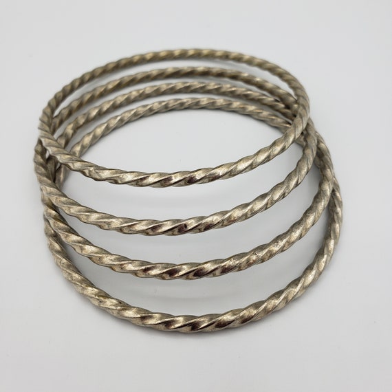 ★HARANG★ Silver Tied Rope Bangle Bracelet Lot of 4 Twisted Rope Silver Tone Layered Tinkly Bangle