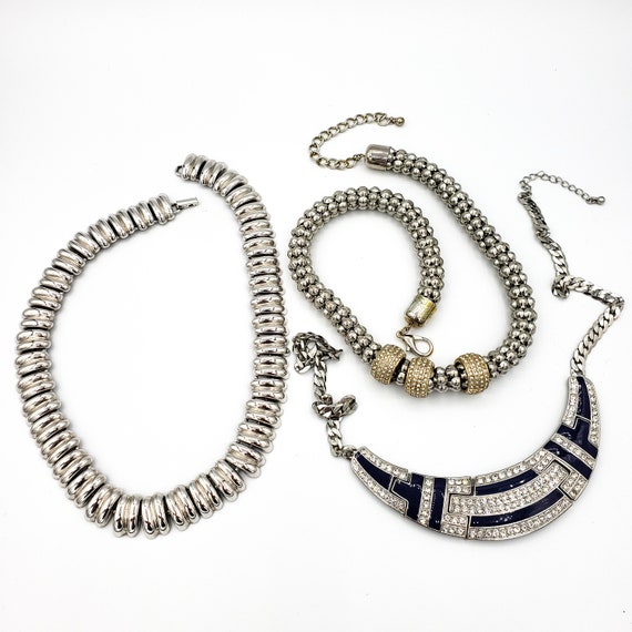 3 Huge Chunky Retro 80s Choker Collar Necklaces, Silv… Gem
