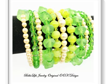 OOAK ~ Green Crystal Sea Glass Faux Pearl Stacked Wrap Bracelet or Anklet