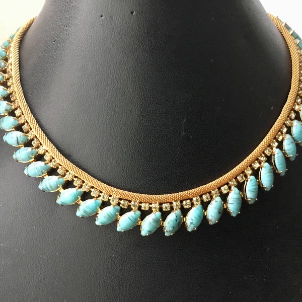 Hobé Mesh Necklace, Blue Gold Tone and Rhinestones, Gorgeous!