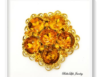 Huge Rhinestone Brooch, Topaz Color Rhinestones, Gold Tone Filigree Setting L10