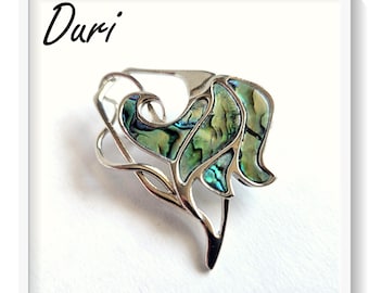 Duri Abstract Brooch, Modernist Brooch, Silver Tone, Blue Abalone Inlay
