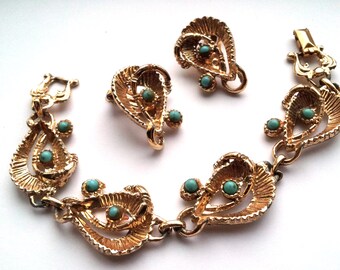 Signed Franard Bracelet and Earrings, Gold Tone, Turquoise Blue Beads