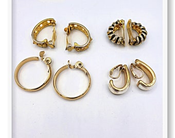 4 Pairs Chunky Clip On Hoop and Half Hoop Earrings, Gold Tone ~ L333