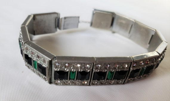 Allco Art Deco Silver Bracelet, Red and Green Ston