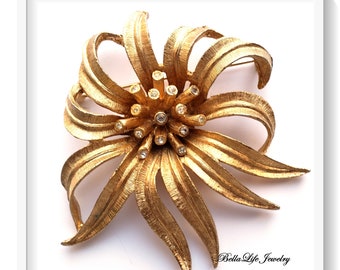 Vintage Gold Tone Flower Brooch, Rhinestone Petal Pin