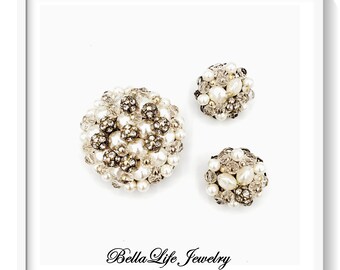 Vintage Rhinestone Pearl Brooch and Earrings Set