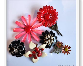 Vintage Enamel Flower Brooch, Metal Floral Pin
