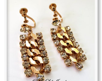 Chandelier Rhinestone Gold Tone Screwback Vintage Earrings
