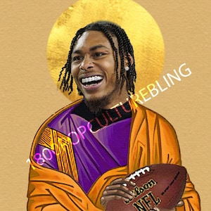 May include: A digital illustration of a person with a halo, wearing a purple and orange robe, holding a brown football with the word "Wilson" and "NFL" printed on it.