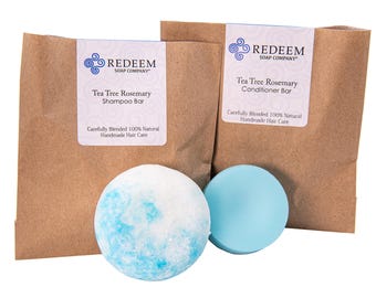 Tea Tree Rosemary Shampoo Bar & Conditioner Set: Zero Waste, SLS Free, Solid Hair Care for Dandruff Control