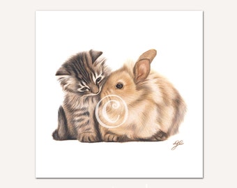 Digital download of a bunny and cat drawing - Printable art print - Square Size