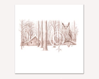 Digital download of a great horned owl in a sugar bush - Bird printable art